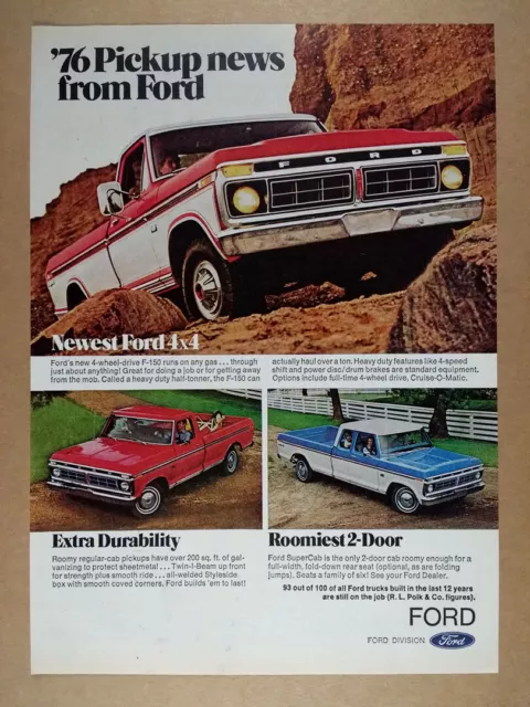 1976 Ford F150 Regular Cab & SuperCab Pickup Trucks vintage print Ad