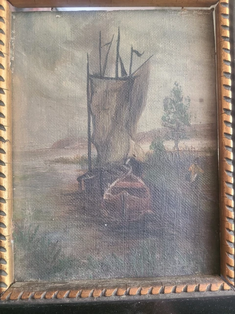 Antique Fisherman Painting Oil on Board, Nautical, Folk art, Decorative framed