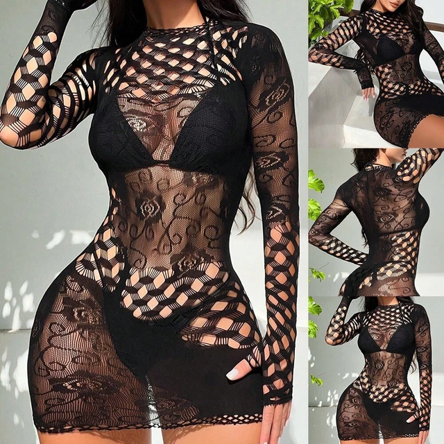 Sexy Bow-tie Mesh See-through Bodycon Dress with Stockings Set