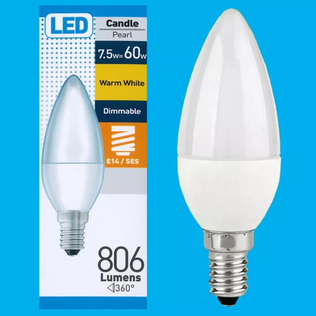 2x 7.5W (=60W) Dimmable Pearl LED Candle, SES E14, Warm White 2700K, Light Bulb