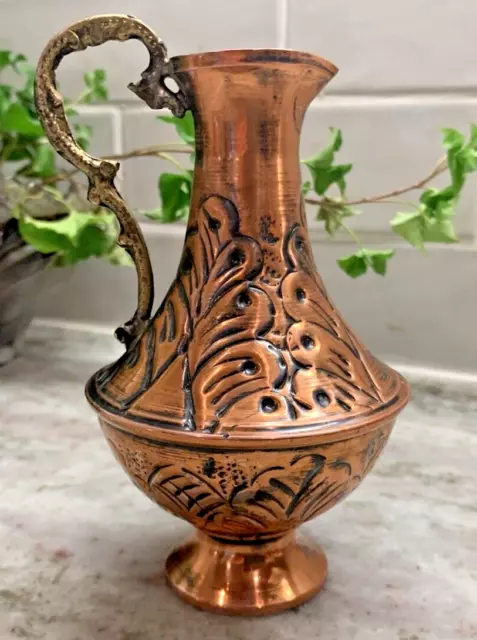 Antique Turkish Middle Eastern Hand Hammered & Etched Copper Pitcher Pot, 6"