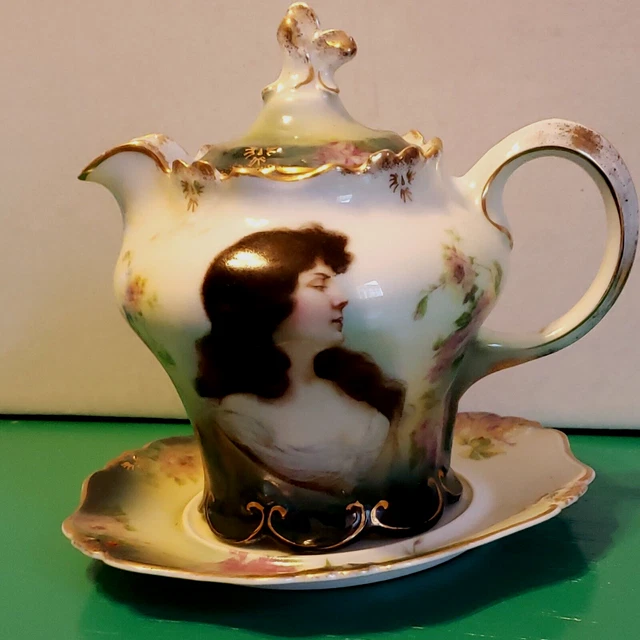 ATQ R C Bavaria Rosenthal C 1891-1906 Portrait Syrup Pitcher w/Lid & Underplate
