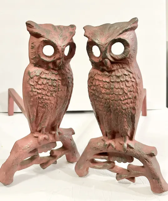 Antique Cast Iron OWL Fireplace Andirons Rare Color