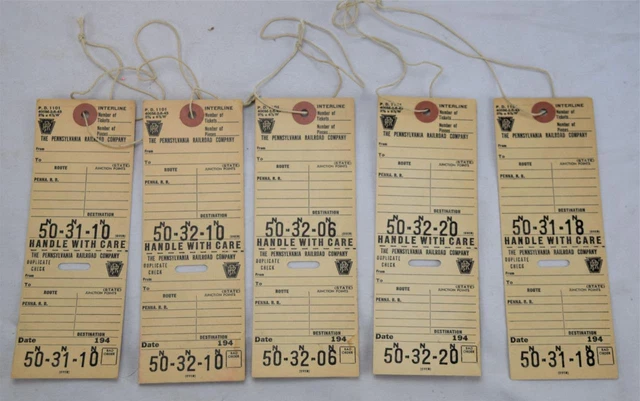 1940's Pennsylvania Railroad Company Unused Baggage/Luggage Tags x5