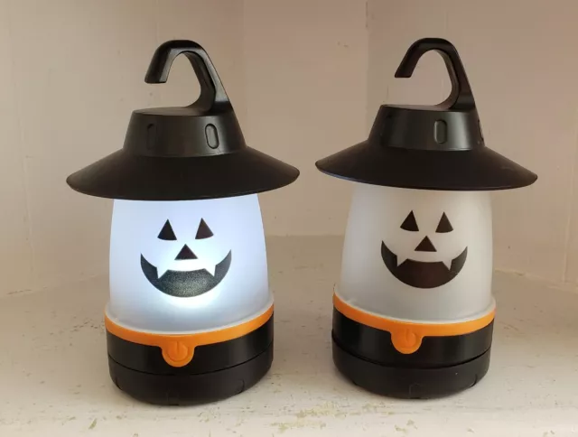 2 Halloween Hanging Jack-O-Lanterns Black Witch Hat 4 AA Battery Op LED Light
