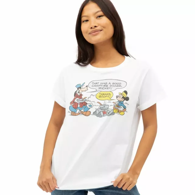 Official Disney Ladies Mickey Mouse & Goofy Campfire Fashion T-shirt White S -XL