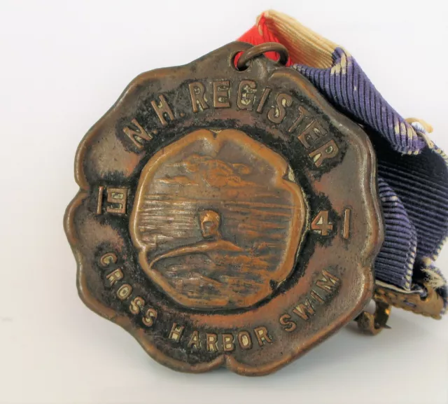 Antique New Haven Ct Register 1941 Cross Harbor Swim Badge Medal Ribbon Brooch