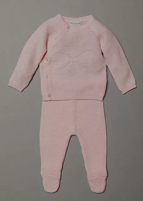 Baby Mädchen Strickset rosa Oberteil und Leggings Schleife spanischer Stil Baumwolle 6-9 Monate