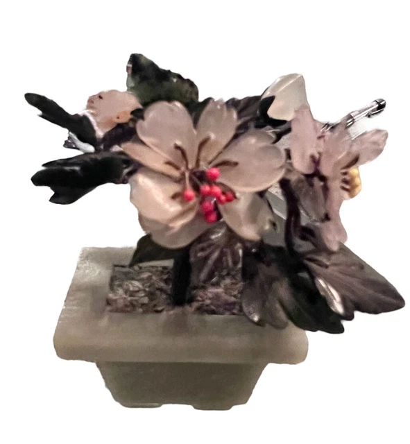 Jade Quartz Stone Shell Blossom Bonsai Tree Sculpture Semi-precious 3” Ex Cond