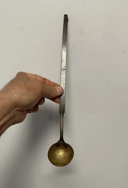 Early 19th c country kitchen iron and brass ladle. Hand wrought by a blacksmith