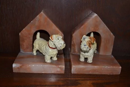 Bookends with 2 x Cold Painted metal dogs Terriers (Sealyhams) on hard stone