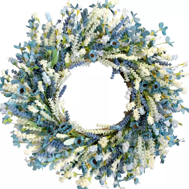 24 Inch Summer Spring Blue Ivory Lavender Flower Wreath for Front Door, Rustic a
