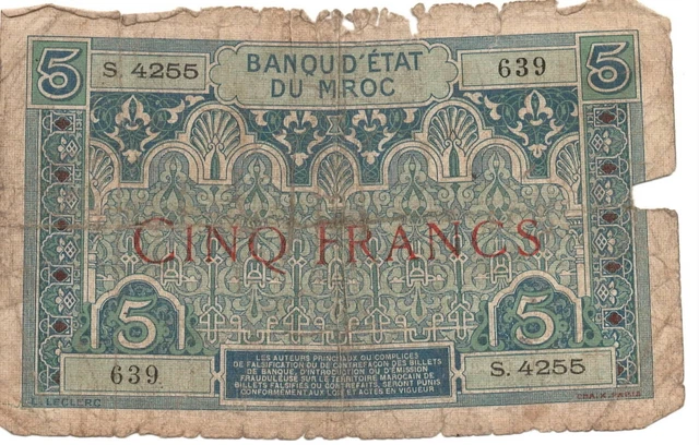 French Morocco 5 Francs 1924 Well Circulated World Banknote w/small rips