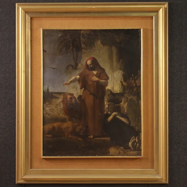 Cuadro religioso siglo XIX pintura San Antonio Abad leon antigua 800