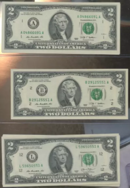 10 2.00 DOLLAR BILLS  CONSECUTIVE SERIES A B AND L  mint TEN IN A ROW TWO $$