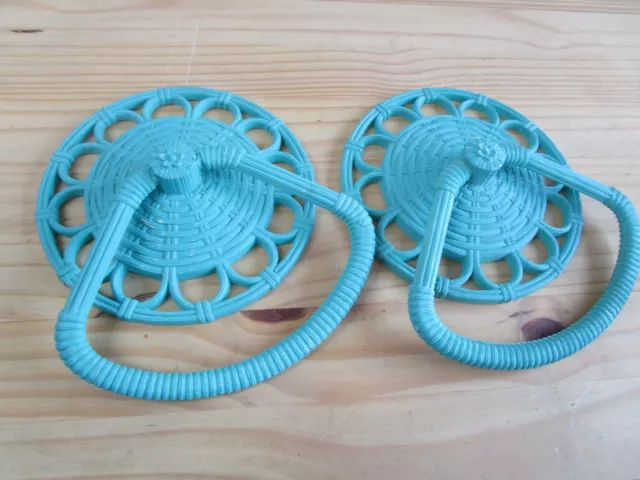 set of 2 HOMCO Towel Ring Rack Holder #3314 Blue Faux Wicker Plastic VTG Retro