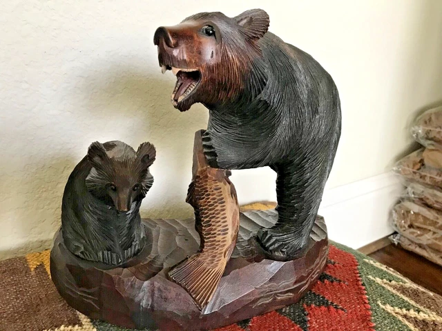 Carved Wooden Bear w/ Fish and Cub - 10" Tall x 11-3/4" Long