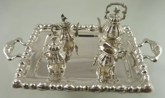 Floral Bird Finial Miniature Solid Silver .835 Tea Set & Tray 5 Pc Eastern Maker