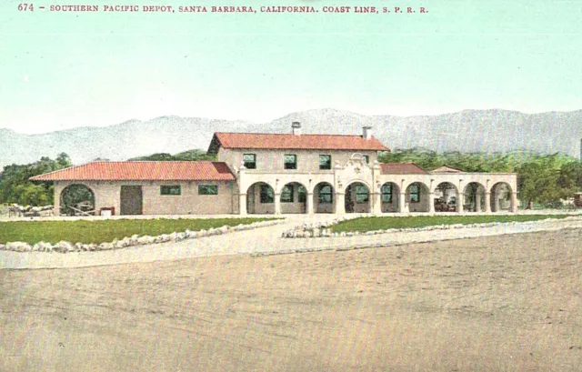 VIntage Postcard-#674, So. Pacific Depot,Santa Barbara, CA, Coast Line S.P.R.R.