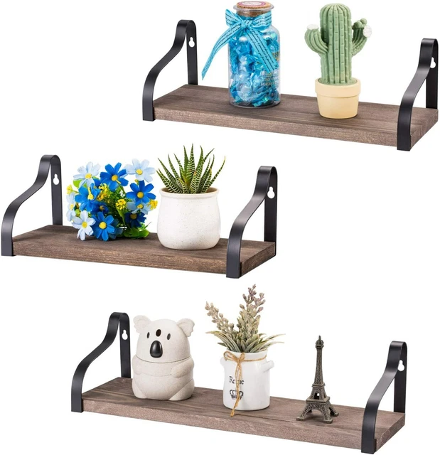 Set of 3 Wall Mounted  Floating Shelves Rack Rustic Wood Wall Shelves Storage