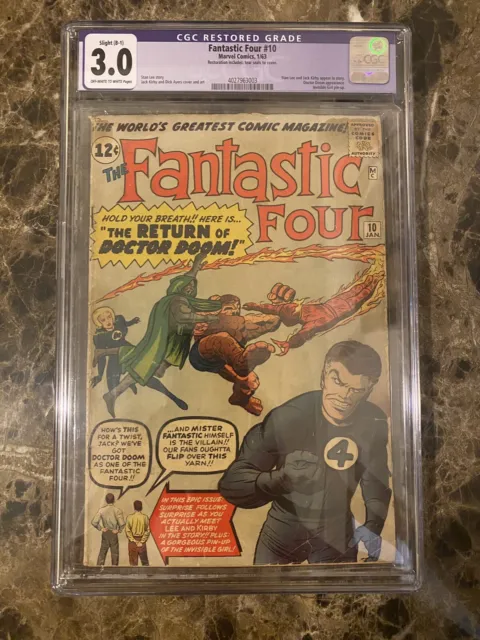 1962 Marvel Comics Fantastic Four 10 CGC 3.0. 3rd Doctor Doom Cover. Restored.