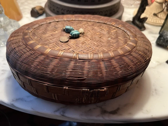 Antique 1920s Chinese Coin Beads Peking Glass Small Sewing Basket