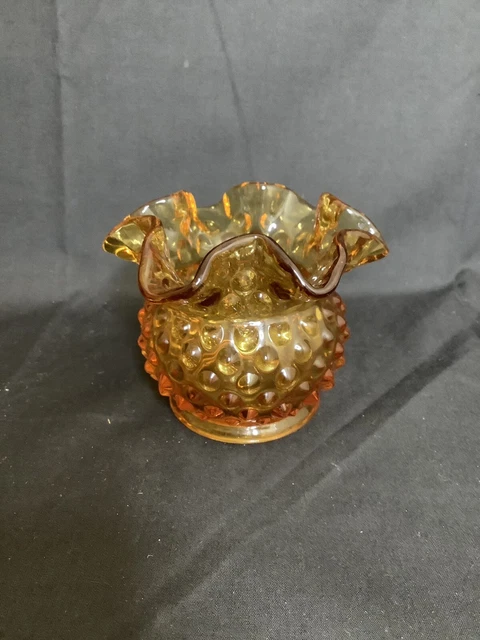 Vintage Fenton Art Glass 3" Amber Gold Hobnail Ruffled Open Rose Bowl Vase 1980s