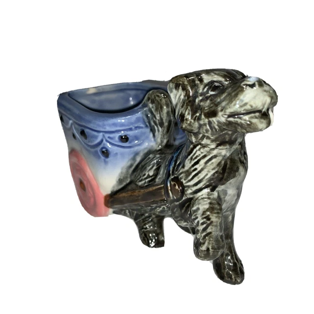 Vintage Black Gray Dog Pulling Cart Planter Decorative Ceramic Carriage