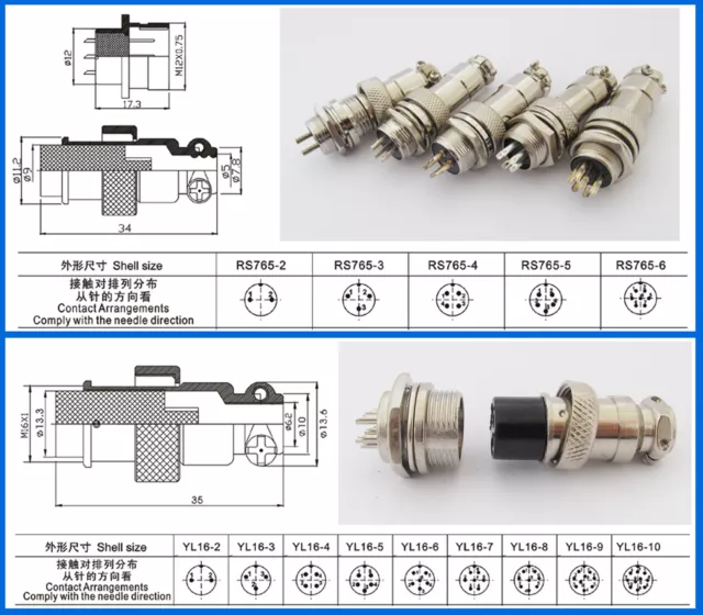 5 sets 12mm 16mm XLR Aviation 2-9pin Audio Panel Power Chassis Metal Connector