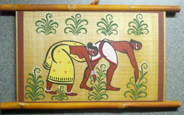 Vintage Original Asian Painting Silk Wood Plaque Couple Planting Rice Bamboo
