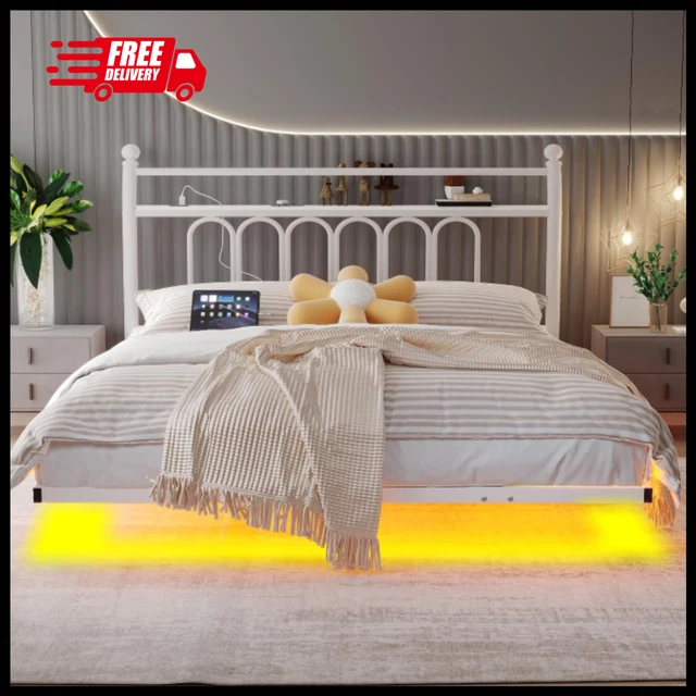 DOUBLE FLOATING BED Frame with Headboard Storage 135x190 cm, White £129 ...