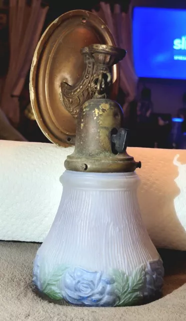 Vintage Brass Mount With Ornate Brass Arm Wall Sconce W/Reverse Painted Globe