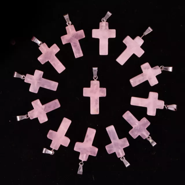 Natural Rose Quartz Crystal Cross Stone Pendant Healing Chakra Gemstone 30pcs