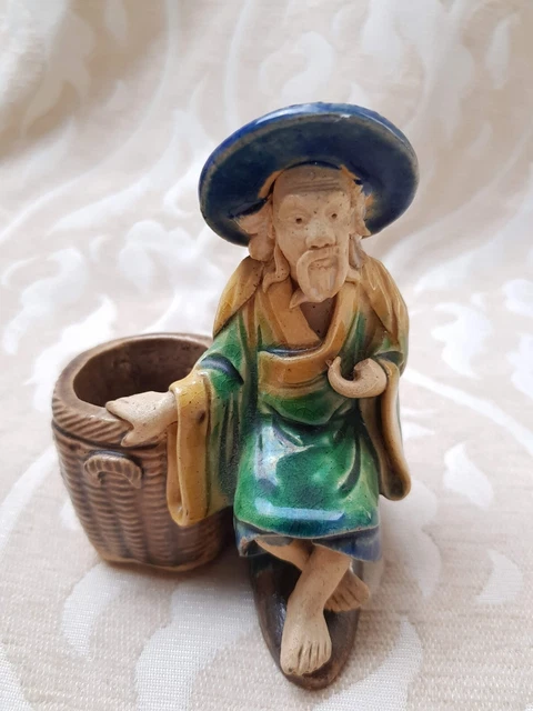 Antique Chinese Mudman with basket - Chinese Shiwan glazed figure man and basket