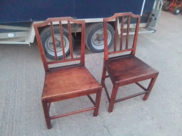 A Pair of Georgian 18th Century Oak Country Dining Chairs Single Side Solid Seat