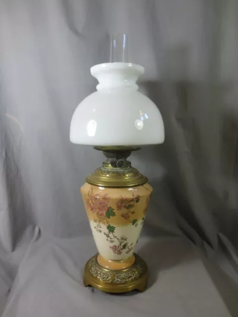 A Victorian Antique Pottery Young's Duplex Oil Lamp & Original Shade