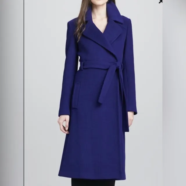 Diane von Furstenberg Michaele Belted Wool Blend Long Coat Indigo Size 12