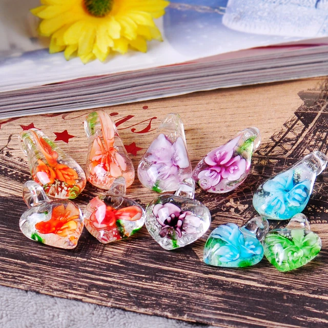 10X Heart Murano Drop Flower Lampwork Glass Bead Pendant Necklace Art Women