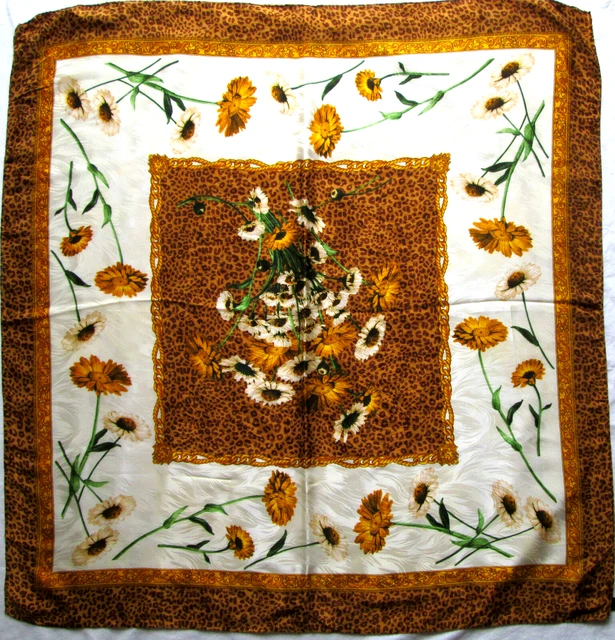 Foulard Carré Mantero En Soie Vintage - Motif Fleurs - Violet/écru/rose/or