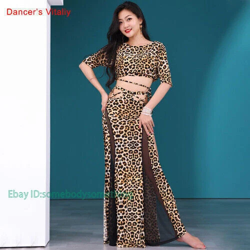 NEW Women Belly Dance Top Leopard Print Shirt Split Skirt Performance Dress