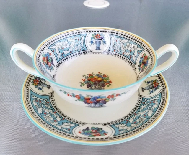 Antique Royal Doulton Turquoise Cream Soup Cup & Saucer Bouillon V1994 England