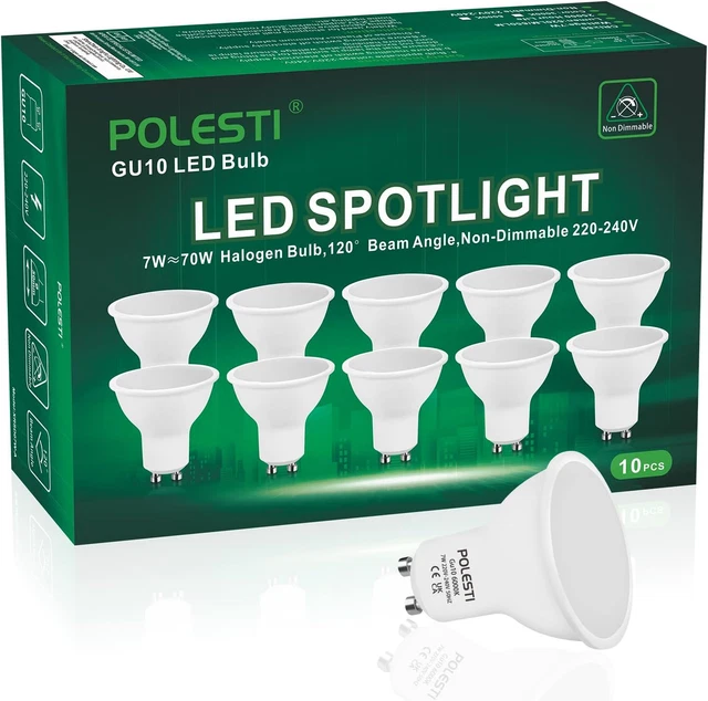 POLESTI 7W GU10 LED Bulbs, Cool White 6000K, 70W Halogen Spotlight Equivalent,