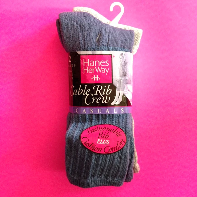 💙 2 PAIR VINTAGE HANES HER WAY RIB CREW SOCKS WOMEN GIRLS  NWT Shoe Sz 5-9