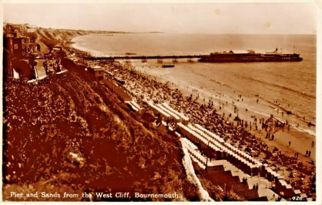 Dorset Postcard Bournemouth 1932 Real Photo Beach Huts Pier Sands West Cliff