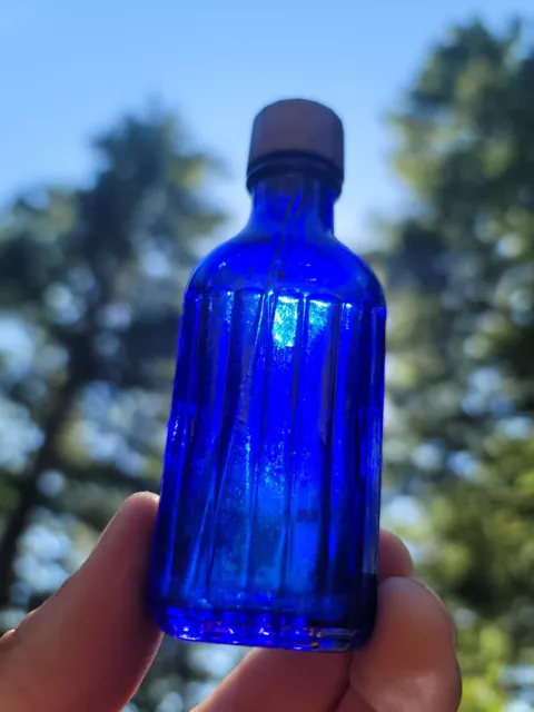 Old Miniature Deep Cobalt American Poison Bottle With TOP! Neat Dark Blue Bottle