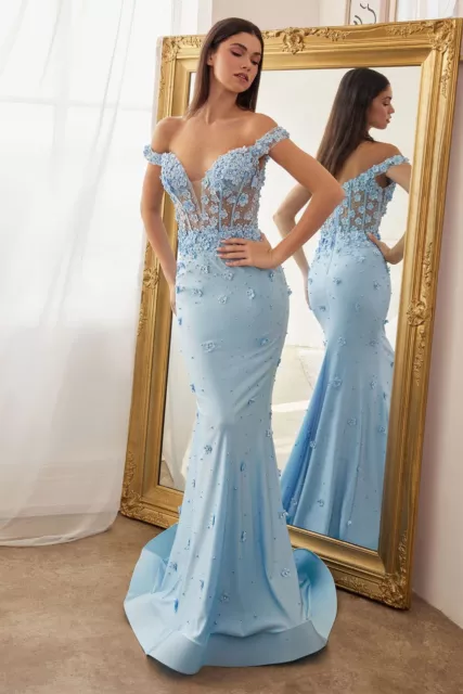 Off Shoulder Formal Mermaid Stretch Satin Gown Embroidered W/ Floral Details