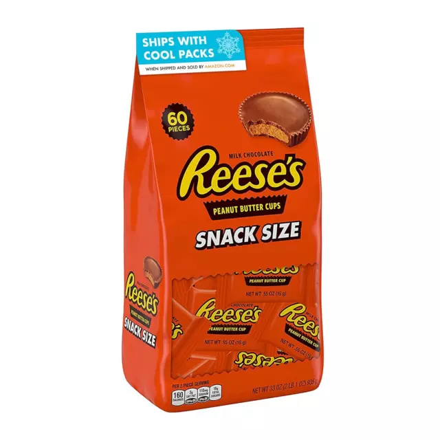 REESE'S Milk Chocolate Peanut Butter Snack Size Cups, Candy Bag, 33 oz 60 Pieces