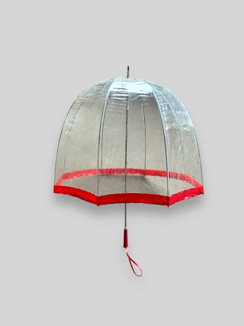 Vintage Umbrella Vinyl Bubble Red Trim/ Clear Vinyl Handle W / Strap 32”