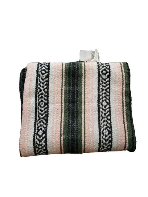 Vintage Mexican Pink Green Black Serape Blanket Rug Throw Artesanias MFG