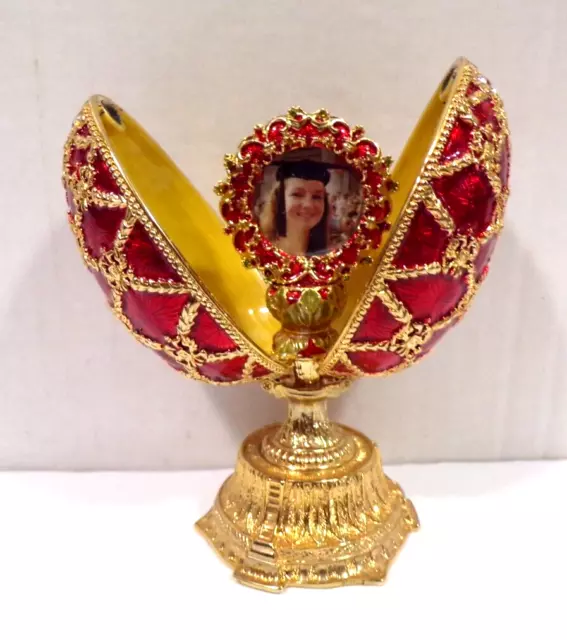 Faberge Inspired Egg Box Hidden Picture Frame Red Enameled Gold Crystal